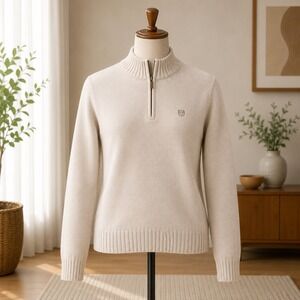 Chaps Quarter Zip Sweater Mens Large Beige Cotton Mock Neck Ribbed Pullover